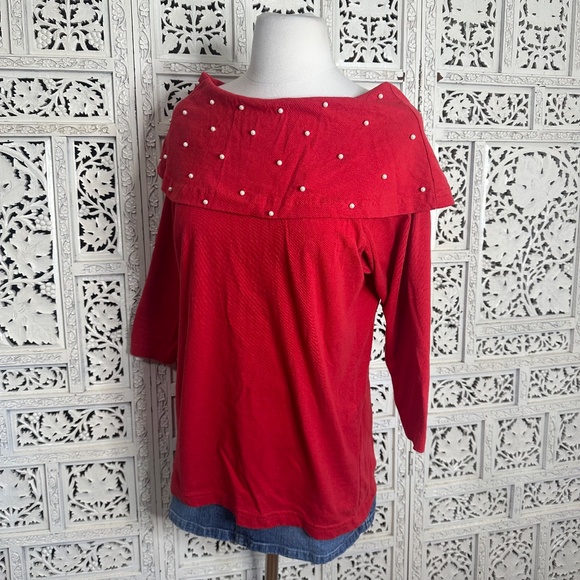 Vintage Red Pearl Embellished Cowl Neck Slouchy 3/4 Sleeve Blouse Sz Medium - Picture 4 of 7